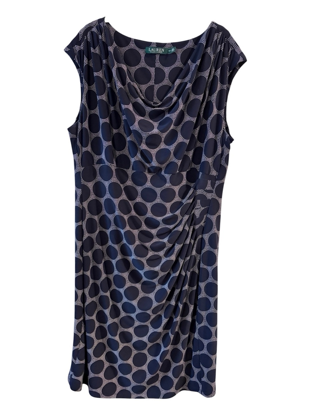 Lauren Ralph Lauren Polka Dot Draped Sheath Dress Size 16W Navy Blue Career